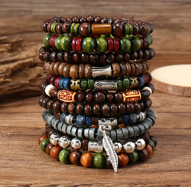 22-Piece Set Vintage Style Bohemian Wooden Beaded Bracelets, Synthetic Turquoise And Cat's Eye Beads, Fashionable Stacking Bracelet Set For Women Men Jewelry Hand Accessory