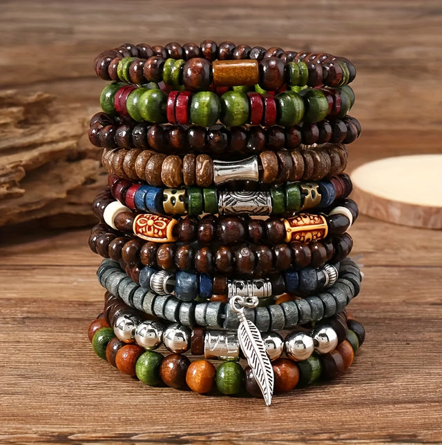 22-Piece Set Vintage Style Bohemian Wooden Beaded Bracelets, Synthetic Turquoise And Cat's Eye Beads, Fashionable Stacking Bracelet Set For Women Men Jewelry Hand Accessory