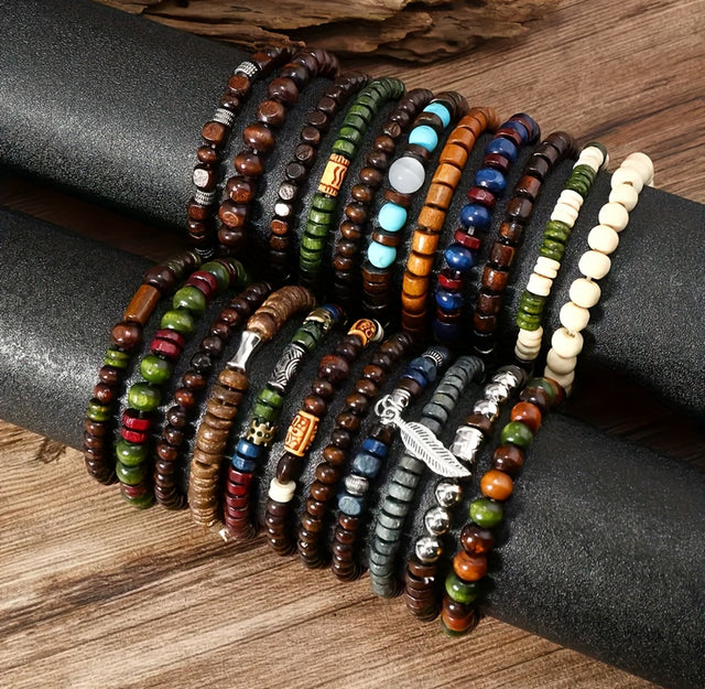 22-Piece Set Vintage Style Bohemian Wooden Beaded Bracelets, Synthetic Turquoise And Cat's Eye Beads, Fashionable Stacking Bracelet Set For Women Men Jewelry Hand Accessory
