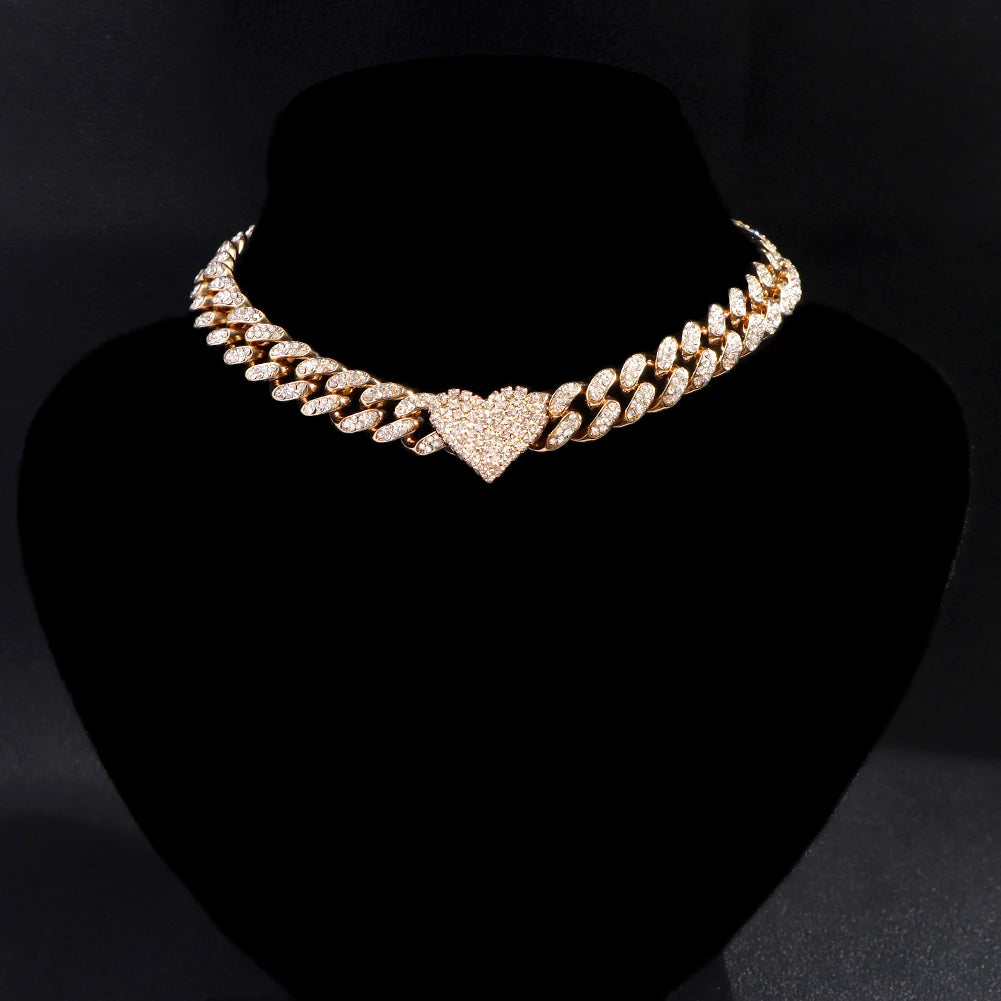 Iced Out Miami Curb Cuban Chain Necklace Bling Paved Rhinestones