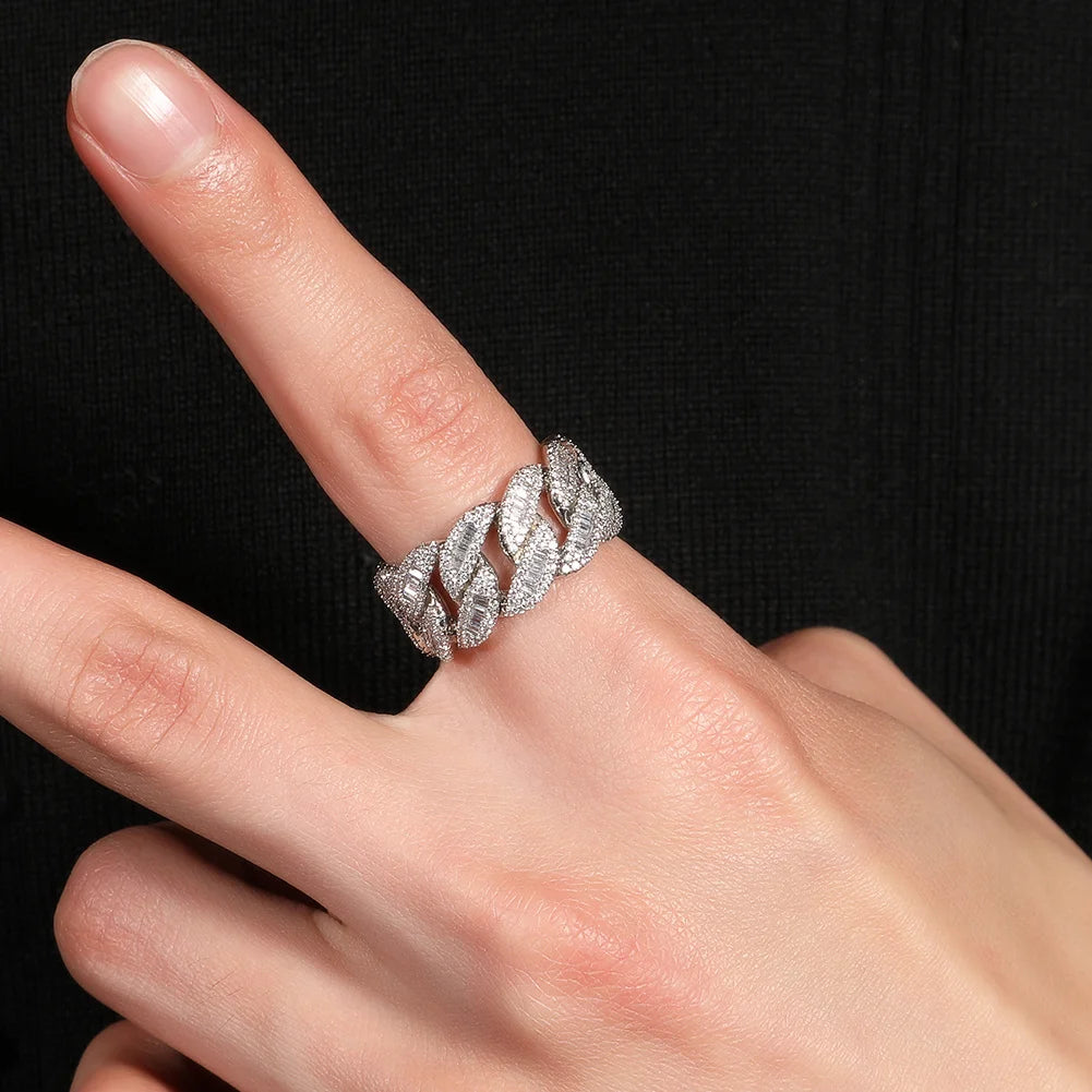 Uwin Cuban Link Ring Miami Full Paved Out Baguetter Cubic Zirconia Engagement Ring HipHop Punk Jewelry For Men Women