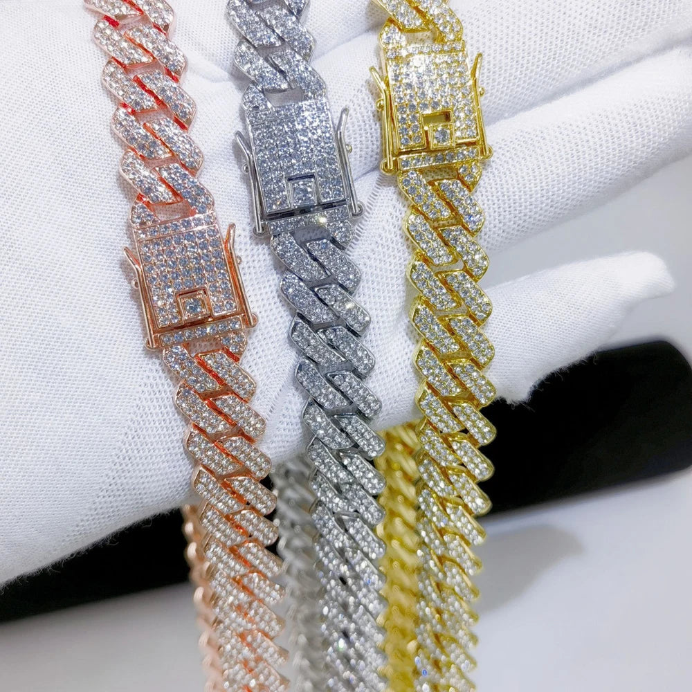 Fashion Men Cuban Link Iced Out Necklace 14MM width Rhinestones Chain Rapper CZ Cuban Chain Necklace Hip Hop Birthday Jewelry