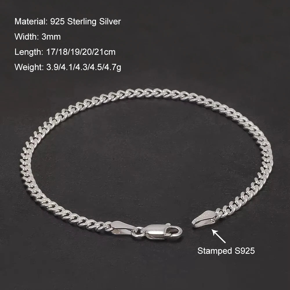 3mm Solid 925 Sterling Silver Cuban Link Chain Bracelet for Men Women Sturdy Miami Cuban Chain Trendy Wristband Jewelry