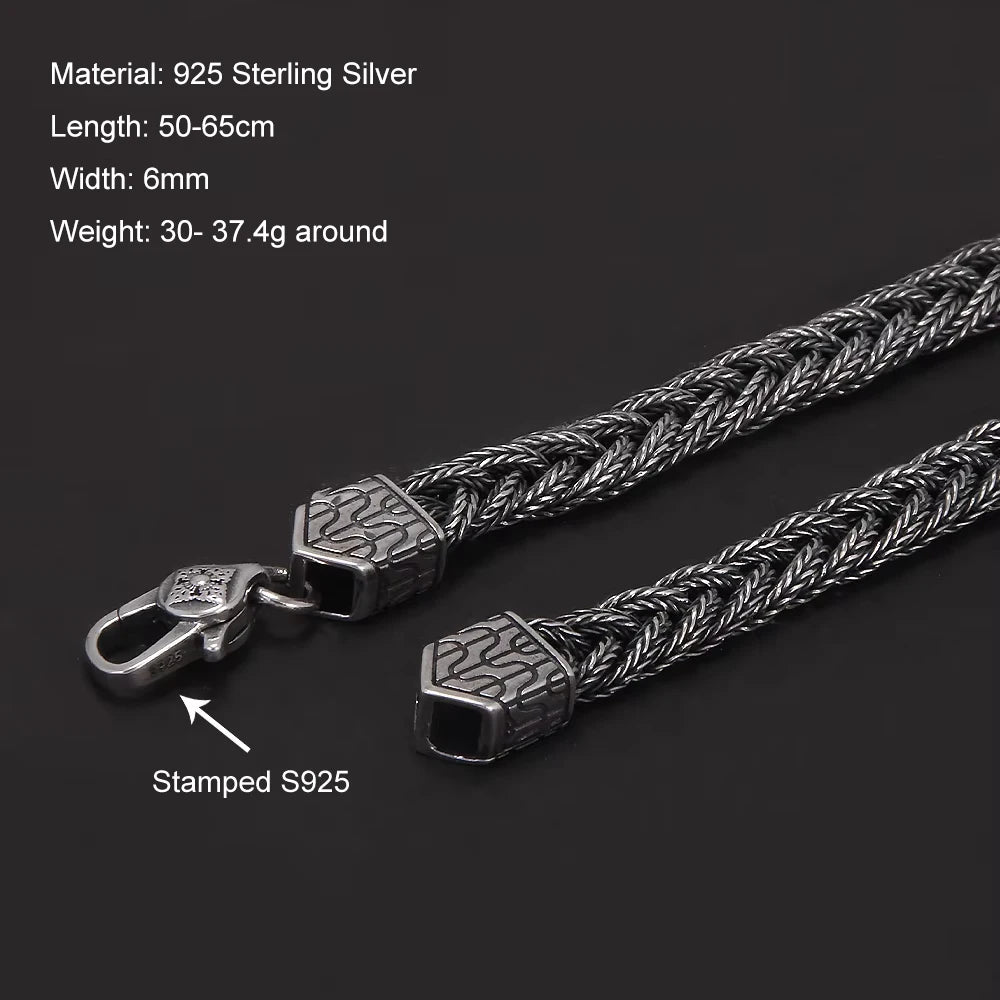 6mm Solid 925 Sterling Silver Foxtail Necklace for Men Handmade Braided Chain