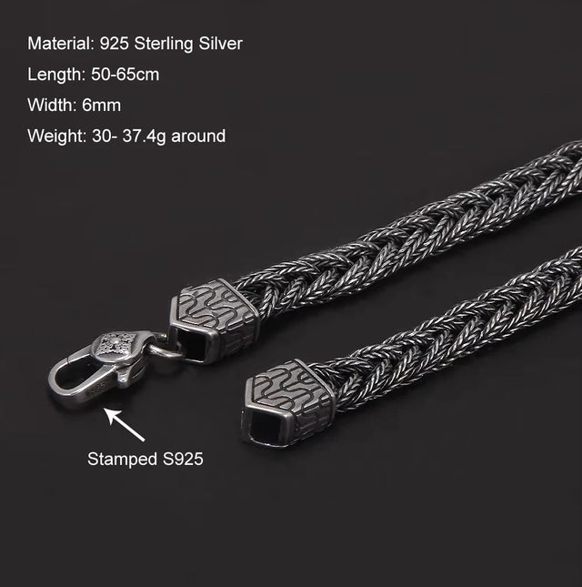 6mm Solid 925 Sterling Silver Foxtail Necklace for Men Handmade Braided Chain