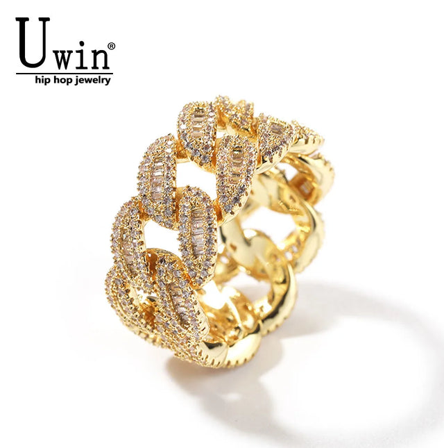 Uwin Cuban Link Ring Miami Full Paved Out Baguetter Cubic Zirconia Engagement Ring HipHop Punk Jewelry For Men Women